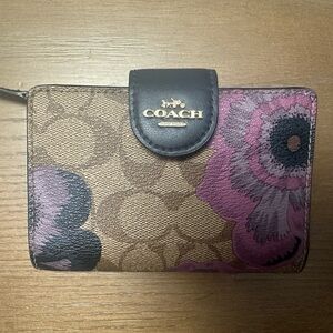 Coach Brown Signature Floral Phone Wallet with Purple Accents